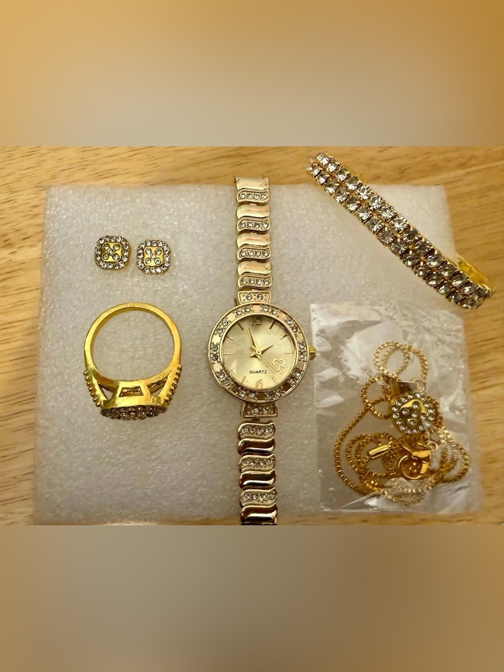 Unbranded Gold-Tone Rhinestone Watch and Jewelry Gift Set